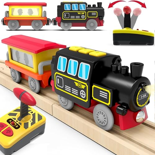 TOPLIVING Motorisierter Zug für Holzschienen, Ferngesteuerter Zug mit magnetischer Verbindung, batteriebetriebener Lokomotivzug für Kleinkinder, kompatibel mit Thomas, Brio, Chuggington
