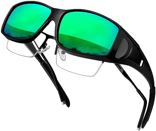 KANASTAL Cubre Gafas de Sol Verde Superpuestas Mujer Polarizadas Envolvente Vintage Retro Rectangulares Hombre Curvas Over Sunglasses UV400 - Negras Verde Espejo Lentes