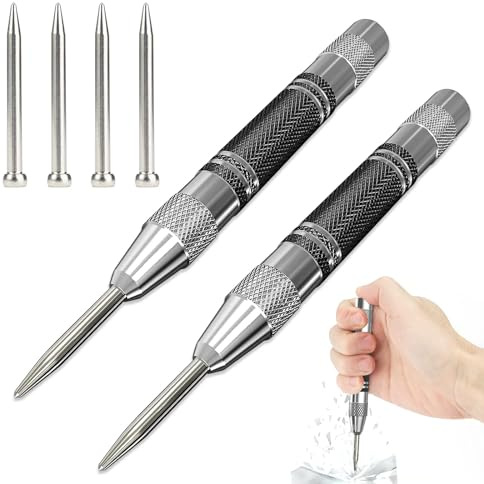 Automatischer Körner, Automatischer Mittellocher, Gefederter Körner, Automatischer Federkörner, 2Stück Automatic Hole Punch mit 4 Ersatzspitzen, Selbstschlagender Körner Werkzeug für Metall Holz Glas