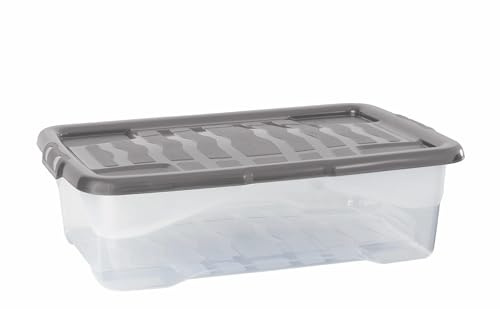 Strata 9 x 30 Liter stapelbare Aufbewahrungsbox aus Kunststoff mit Deckel und aufsteckbaren Deckeln, Aufbewahrungsbox für Zuhause und Büro, transparente Box, grauer Deckel