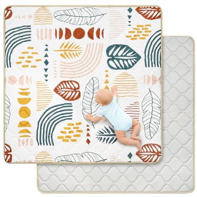 decalsweet Spielmatte Baby 127×127cm mit Rutschfest, Extra Dicke 2cm Weiche Krabbelmatte Baby, Faltbar Krabbeldecke für Baby Krabbelteppich für Kinderzimmer Indoor Outoor Zaun (Boho-Blatt)