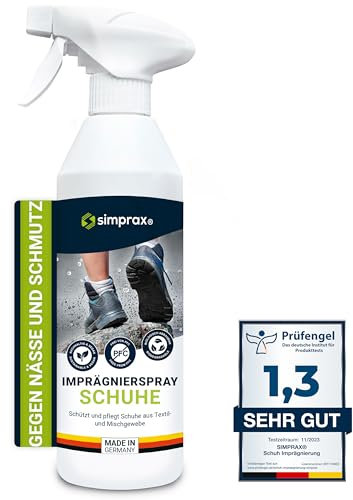 SIMPRAX® Spray Impermeabilisant Chaussure - Protection Écologique pour Baskets, Chaussures Outdoor & Randonnée - Vegan Bombe Imperméabilisante Chaussure pour Gore-Tex Tissu & Membrane - 600 ml