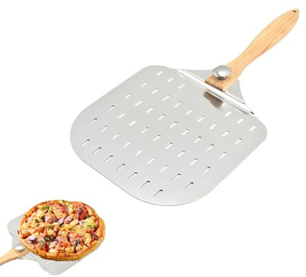 DYUEE Perforated Pizza Peel 12 inch Aluminum Metal Pizza Paddle Pizza Spatula with Wood Handle & Holes Long Handle Pizzas Turning Peel Pizza Oven Accessories for Baking Pizzas and Artisan Breads