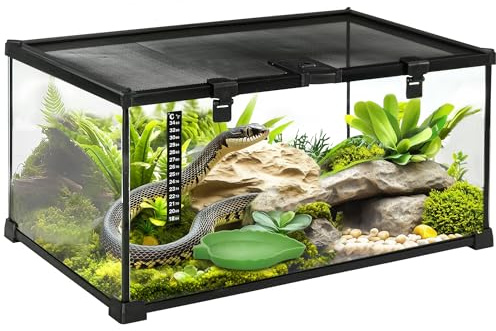 PawHut Terrario per Rettili Rialzato con Serratura e Porta per Alimentazione, Terrario per Tartarughe e Serpenti in Vetro Temperato e Rete Metallica, 50x30x25 cm, Nero