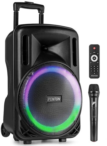 Fenton FT12LED MK2 - Altavoz portátil 700W con Bluetooth, micrófono inalámbrico, batería Recargable, Luces LED, USB, SD, AUX, emparejamiento estéreo, asa con Ruedas y Montaje en trípode