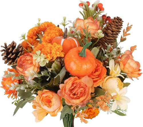 HUAESIN 10PCS Fiori Artificiali Autunnali Fiori Finti Zucca Decorative Bouquet Fiori Finti da Interno Zucca Artificiale Autunno per Decorazioni Autunnali Halloween Casa Festa