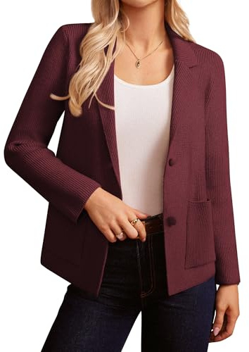 GRACE KARIN Dam elegant stickad blazer långärmad reverskrage kofta knappslå kofta business, Mörkröd, XXL