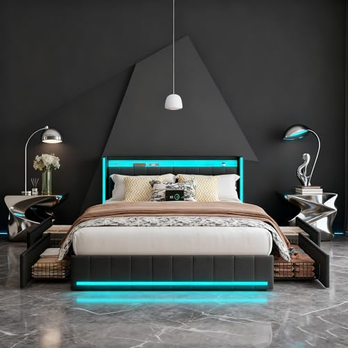 BRYXR Polsterbett 180x200 cm mit LED-Kopfteil, USB-Ladefunktion und Lattenrost, 4 praktischen Schubladen und stilvollem Design, Ideal für Jugendzimmer und Moderne Räume,Ohne Matratze