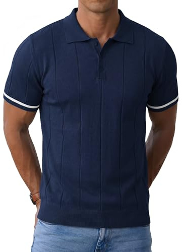 Elainone Mens Polo Shirts Short Sleeve Vertical Texture Casual Navy