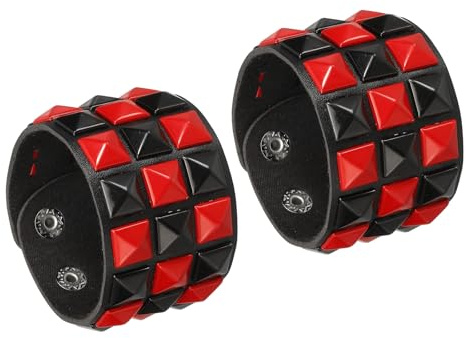 sourcing map 2 Pcs Leather Punk Bracelet 8.7/22cm Layered Row Square Rivets Goth Spike Studded Bracelet Adjustable Wristband Cuff Bangle for Halloween Emo Grunge Accessories, Red Black
