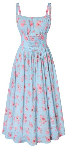SCARLET DARKNESS Summer Dresses for Women UK Floral Milkmaid Corset Dress | Sleeveless Spaghetti Strap Sundress, Adjustable Lace-up, Victorian Floral Wedding Guest Casual Beach Midi Summer Dress