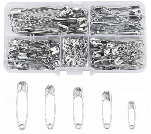 Vyqrx 150 Pack Safety Pins with Storage Box,5 Assorted Sizes Stainless Steel Pins for Clothes Sewing Crafts Quilting Knitting Dressmaking Repair