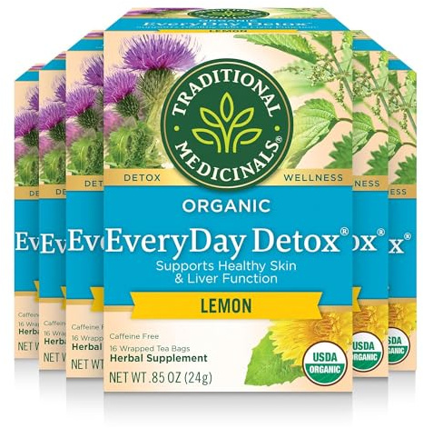 Traditional Medicinals Tea, Organic EveryDay Detox Lemon, Supports Healthy Skin & Liver Function, Detox, Kosher, Non-GMO, Caffeine-Free, Compostable - 96 Tea Bags (Pack of 6)