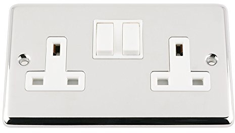 Socket 2 Gang - Polished Chrome - Classic - White Insert Plastic Switch - 13A Double Wall Plug Socket