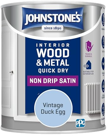 Johnstone's - Quick Dry & Nondrip Satin Paint for Wood & Metal - Vintage Duck Egg | Interior & Exterior | Self-Undercoating, Low Odour, Water-Based, Dry in 1-2 Hours | 12m2 Coverage per Litre | 750ml