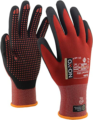 OX-ON Flexible Advanced 1906 Red Work Gloves, Extremely Durable Safety Gloves, Secure & Precise Grip, Protective & Comfortable Nitrile Gloves, Dotted Palm For Extra Grip, Sanitised - 6pc, Size 9 / L