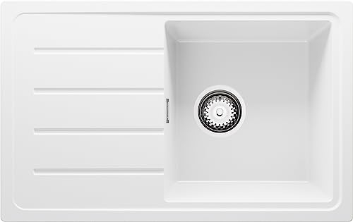 PRIMAGRAN Evier Cuisine en Granit Blanc 70x44cm, Lavabo 1 bac + Kit de Vidage, Évier à Encastrer al mueble 45cm - Copenhague Easy S020