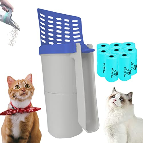 Katzenklo Schaufel 2 in 1, Streuschaufel mit Behälter, Katzenstreu Entsorgungseimer mit Schaufel, Schmutzfreie Katzenstreuschaufel mit 8 Rollen Abfallsäcken, für Katzenstreu Klumpstreu (Blau)