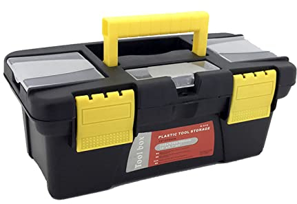 Plastic Toolbox Organiser,Toolzia Tool Box Plastic Portable Tool Box, Small Toolbox Organiser with Extra Storage Tray for Home Tools, Nails, Pins, Black-Yellow Utility Toolbox (10inch)