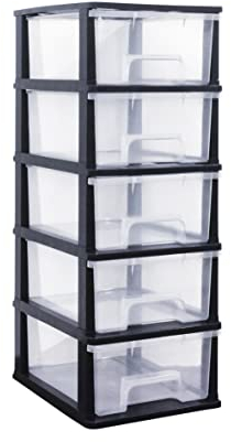 Abbaware Plastic Storage Chest With Wheels, Storage Boxes, Tower, 5 x 17L Drawers, Clear