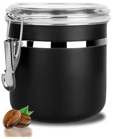 Walktosun Boîte à Café Hermétique, Conservation en Acier Inoxydable pour Grains de Café avec Couvercle Transparent Bocal Récipient Rangement Cuisine Alimentaires Stockage Thé (1PC - 1.2L - Noir)