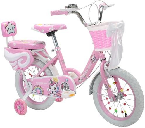 Touch of Venetian 12 14 16 Girls Children Bike with Stabilisers Wheels Bell Kids Bike for Ages 2-9 Years Old Pink Bicycle Multiple Colors Bow Purple Unicorn Rainbow (Pink-Wings, 16 inch)