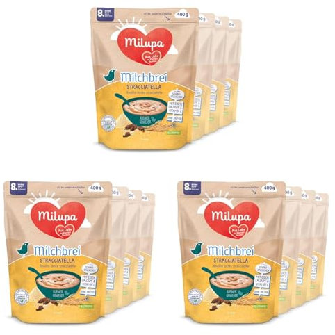 Milupa Milchbrei Stracciatella – Glutenfreier Babybrei ohne Palmöl – Frei von Konservierungs- und Farbstoffen – Ab dem 8. Monat – 4 x 400 g (Packung mit 3)