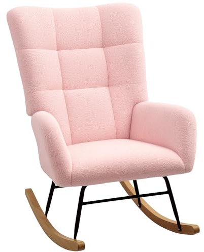 HOMCOM Rocking Chair, Teddy Upholstered Accent Chair, Modern Armchair with Wide Backrest and Rubberwood Base for Living Room, Bedroom, Light Pink
