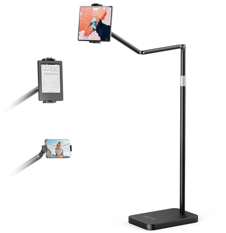POLESTO Supporto da Terra per Tablet con Base in Metallo Pesante da 4,8 kg, Braccio Allungabile Regolabile in Altezza per Letti, Compatibile con iPad Mini/Air/Pro, Kindle, Switch, Galaxy Tab, Cell