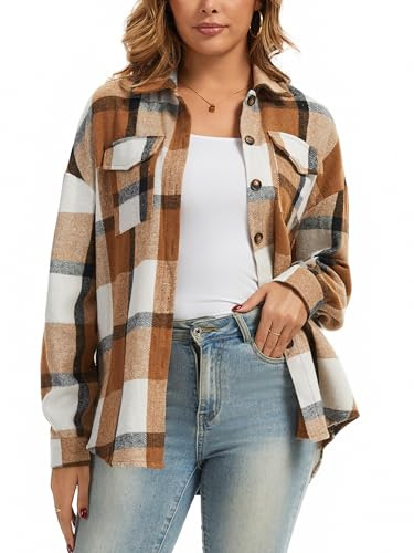Enjoyoself Chemisier Carreaux Femme Coton Chaud Thermal Chemise Bucheron Western Décontractée Classique Retro Ecossaise Coton Flanelle Blouse Gilet T Shirt Taille Grand Casual Café Brun XL