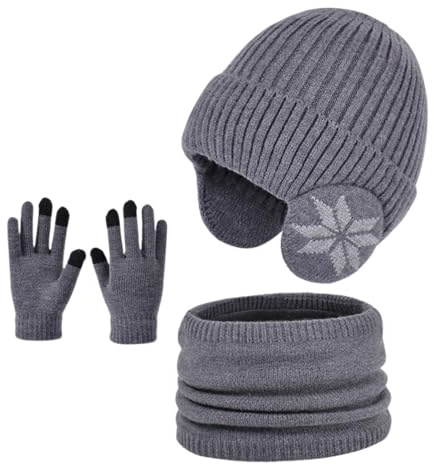 D'hiver Enfant Bonnet avec Cache-Oreille Écharpe Gants 3 en1, Doublure Intérieure en Polaire Bonnet en Tricot Chaud Élastique Cache-Cou Gants à écran Tactile pour Fille Garçon 4-10(Gris foncé)