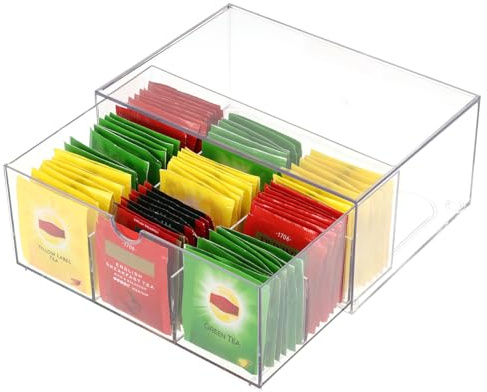 Rainmae Tea Bags Organizer Clear Acrylic Teabag Drawer Holder with 9 Compartments Stackable Tea Caddy Water Flavor Packet Storage Drawer for Counter, Countertop, Kitchen