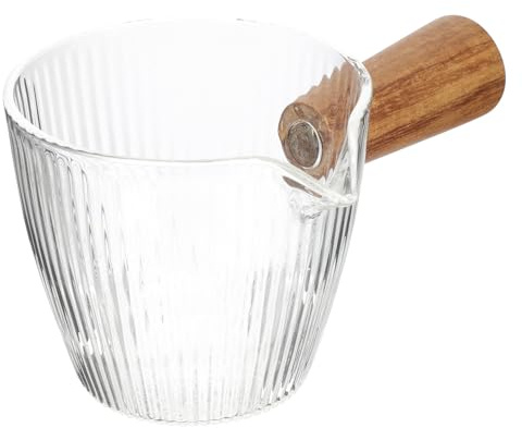 TOYANDONA Bricco Latte Manico in Legno di Acacia e Vetro Trasparente, Lattiera Piccola a Strisce Stile Giapponese, Facile da Impugnare, per Caffetterie e Hotel