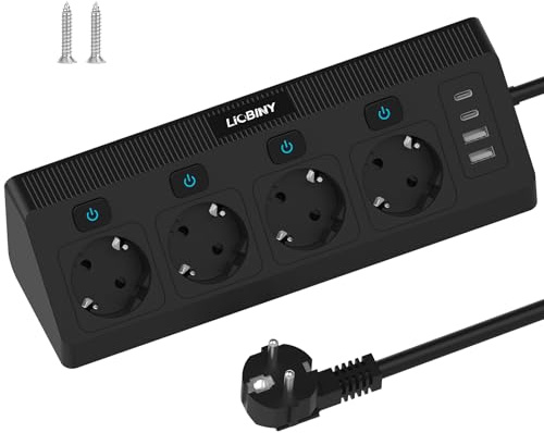 Steckdosenleiste mit 2 USB C und 2 USB A, 4 Fach Ecksteckdose Einzeln Schaltbar Mehrfachsteckdose Überspannungsschutz 3680W Mehrfachstecker Wandmontage, Steckerleiste 2M Kabel Schwarz für Küche Büro