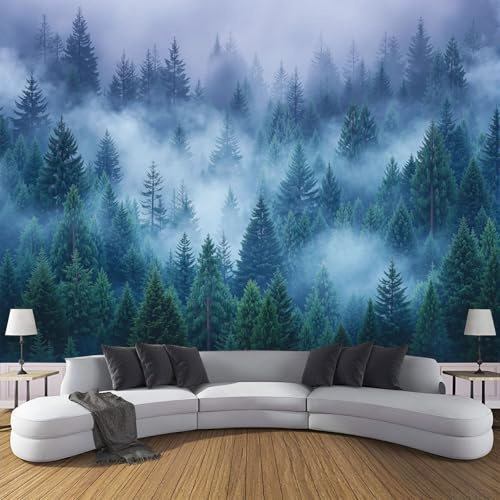 Wall Mural Wallpaper 151 Wx 105 H Photo Wallpaper Misty Forest Canopy Poster Picture Tall Evergreen Trees Wall Covering for Bedroom, Living Room, TV Backdrop, Blue-Green