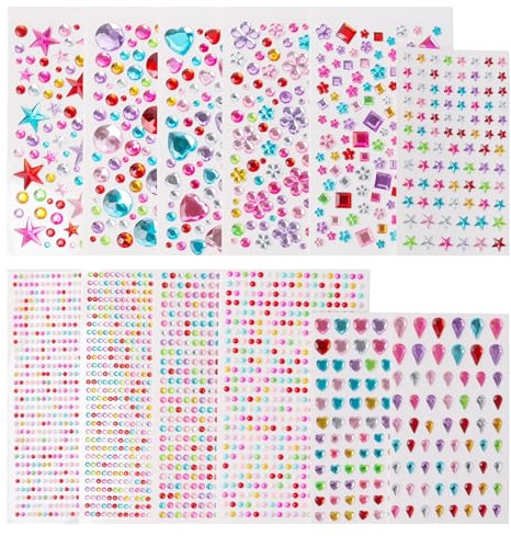 Waldrio Pegatinas Brillantes Autoadhesivas, 3328 Piedras Decorativas Multicolor, 12 Hojas con Formas de Corazón, Estrella y Flor, para Manualidades y Proyectos DIY