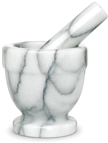 HIC Kitchen Tall Mortar and Pestle Set, Solid Carrara Marble, 4-Inch, Spice Herb Grinder, Pill Crusher, Nut Butter Maker