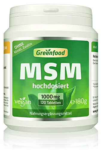 MSM, extra hochdosiert, 1000mg - 120 Tabletten, vegan. Reines MSM (Methylsulfonylmethan). Organisch gebundenes Mineral - hohe Bioverfügbarkeit. OHNE künstliche Zusätze - laborgeprüft. Von Greenfood.