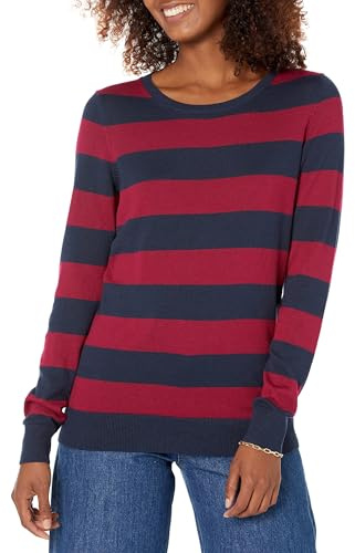 Amazon Essentials Maglione Girocollo Leggero A Maniche Lunghe (Taglie Forti Disponibili) Donna, Bordeaux Blu Marino Righe da Rugby, L