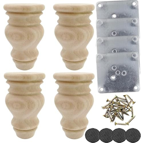 Btibpse 4.7 Inch Solid Wood Furniture Legs, Set of 4 - Heavy Duty Replacement Feet for Sofa, Couch, Chair, Ottoman, Cabinet & Bed | Unfinished Bun Foot with Screws & Mounting Plates
