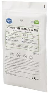 DEALFA Compresse TNT Piegate Sterili - 10x20 cm - 4 Strati - Morbide, Altamente Assorbenti e Resistenti - Monouso - Busta Singola da 5 Pezzi. Confezione da 10 Buste
