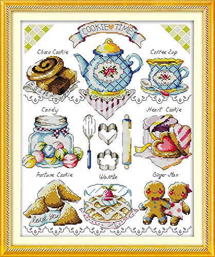 Kit de Broderie Croisée 11ct - Tissu Imprimé 46x56cm DIY Pré-Impression pour Filles - Artisanat DMC - Gâteau au Thé