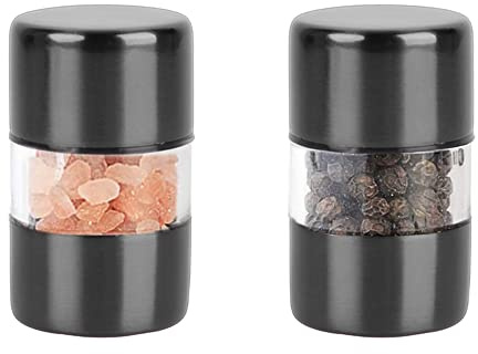 T-mark Premium Sea Salt and Pepper Grinder Set - Spice Mill with Brushed Stainless Steel, Small Portable Ceramic Salt & Pepper Shakers (2-Pack) (Black)
