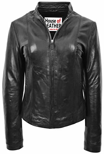 Chaqueta de motociclista de cuero real para mujer estilo casual Zoe negro, Negro, 44