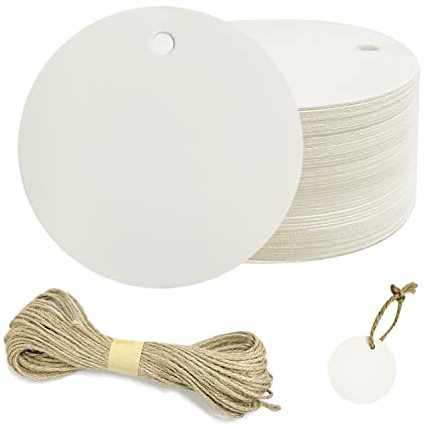 Lotto di 100 etichette rotonde in carta kraft, etichette vuote con nastro di canapa da 20 m, per decorazioni regalo, segnali, ecc. (bianco).