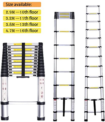 Panana Telescopic Ladder, 4.4m/ 14.4ft Stainless Steel Extension Ladder, Collapsible Portable Loft Ladder with Non-Slip Feet, Adjustable Height Step Ladder for Home Outdoor Use