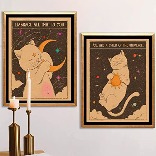 2 Pcs of Retro Tarot Card Canvas Printing Poster Sun Moon Cat Wall Art Hippie Bohemian Aesthetics Room Decor Mysterious Astrology Picture Youth Academy Living Room Bedroom Home Decoration Unframed