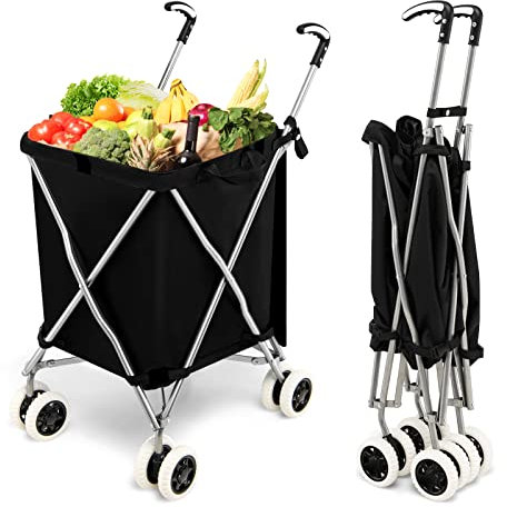 GOPLUS Carro de la Compra Plegable con Ruedas, Carrito Compra Ligero con Ruedas Giratorias Dobles, Bolsa Oxford Extraíble e Impermeable, Capacidad de 90L/30 kg, Bolsa Portátil de Fácil Montaje (Negro)