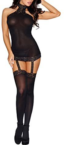 ROSVAJFY Conjunto de Lencería Mini Vestido con Medias, Mujer Ropa Interior Malla Sexy, Camisón Halter Vestido de Dormir sin Mangas, Picardías Bodystocking Pijama (Negro)