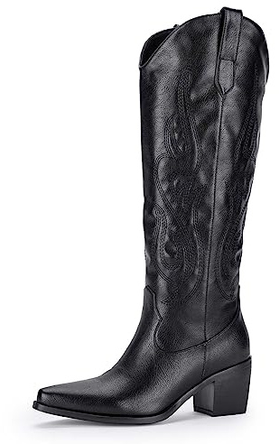 Pasuot Western Cowboy Boots for Women - Knee High Wide Calf Cowgirl Boots, Slip On Pointed Toe Chunky Heel Fashion Retro Classic Pull On Tall Boot for ladies Party concert Black US 9
